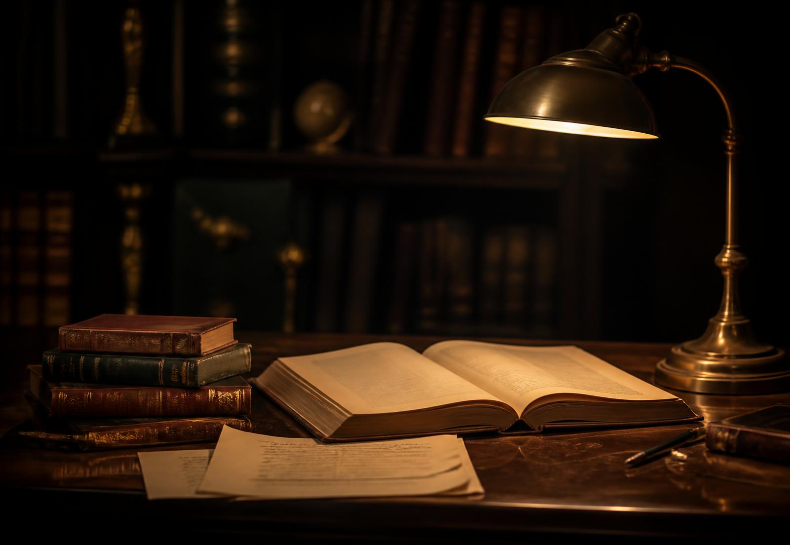 A lamp-lit desk in a private library with an open book and foreign-language editions