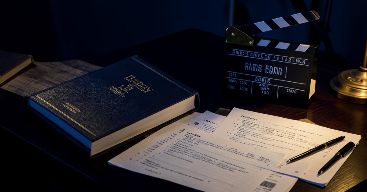Hardback novel beside a film clapperboard and script pages on a dark desk