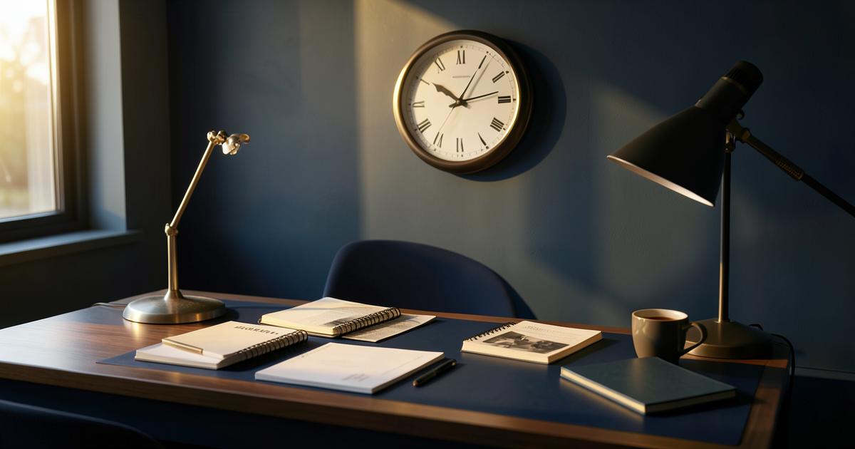 Publishing desk in morning light with a wall clock, notebooks and coffee